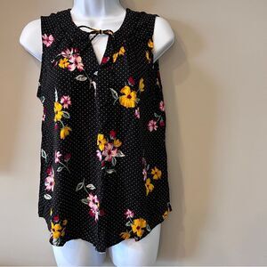 Old Navy Women's Black Polka Dot Floral Sleeveless Ribbon Tie Neck Blouse Top M